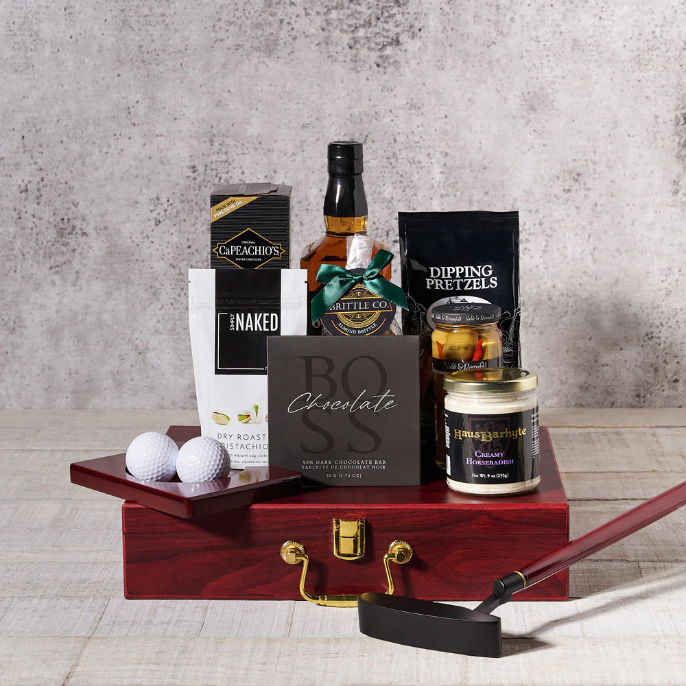 Executive Golf Putting Set Gift Basket, With Liquor!